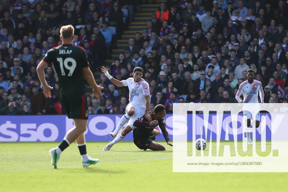 11th October 2026; Selhurst Park, London, England; Premier League Football, Crystal Palace versus Nottingham Forest; Dan Ndoye of Nottingham Forest goes down under challenge from Anan Khalaili of Crystal Palace, much to the displeasure of Nottingham Forest fans when no foul is given KatiexChan