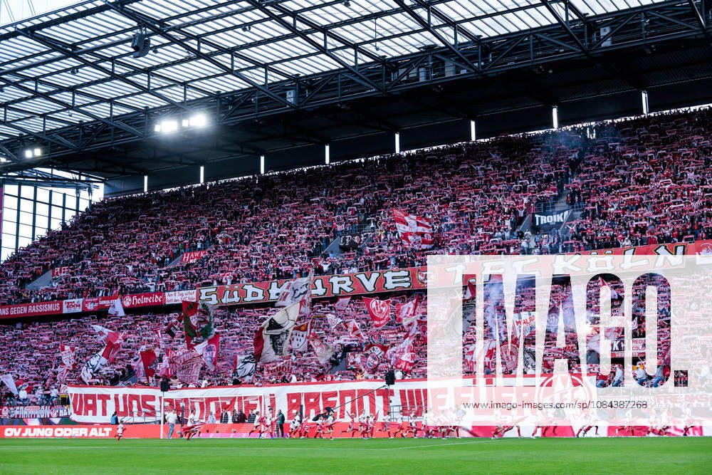 Tifo of 1. FC Koeln fans during the Bundesliga match between 1. FC Koeln vs. Borussia Moenchengladbach at Rheinenergie-Stadion on matchday 5 of the 1. Bundesliga on October 11, 2026 in Koeln, Germany. DFL REGULATIONS PROHIBIT ANY USE OF PHOTOGRAPHS AS IMAGE SEQUENCES AND OR QUASI-VIDEO. Wat uns aandriev, brennt wie fueer What drives us, burns like fire. North Rhine Westphalia Germany