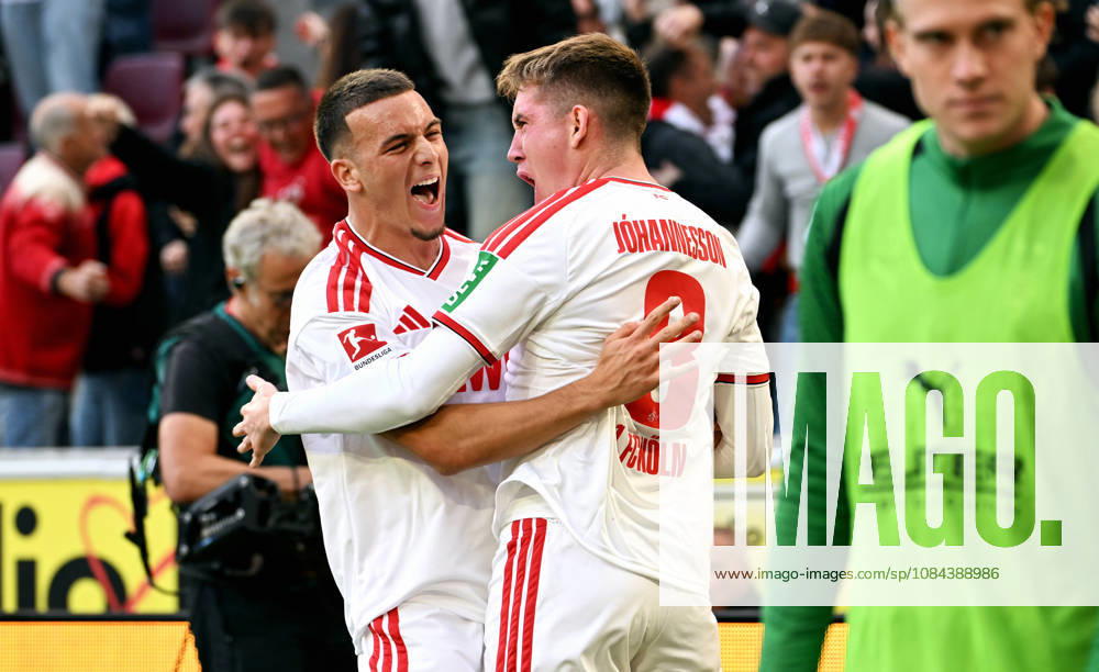 Cologne, Germany, 1. Bundesliga, Matchday 5, Rhein-Energie-Stadium Cologne, 1. FC Köln vs Bor. Mönchengladbach; Isak Johannesson (FC) celebrates after scoring, together with Said El Mala (FC). Celebration, Joy, Action.
