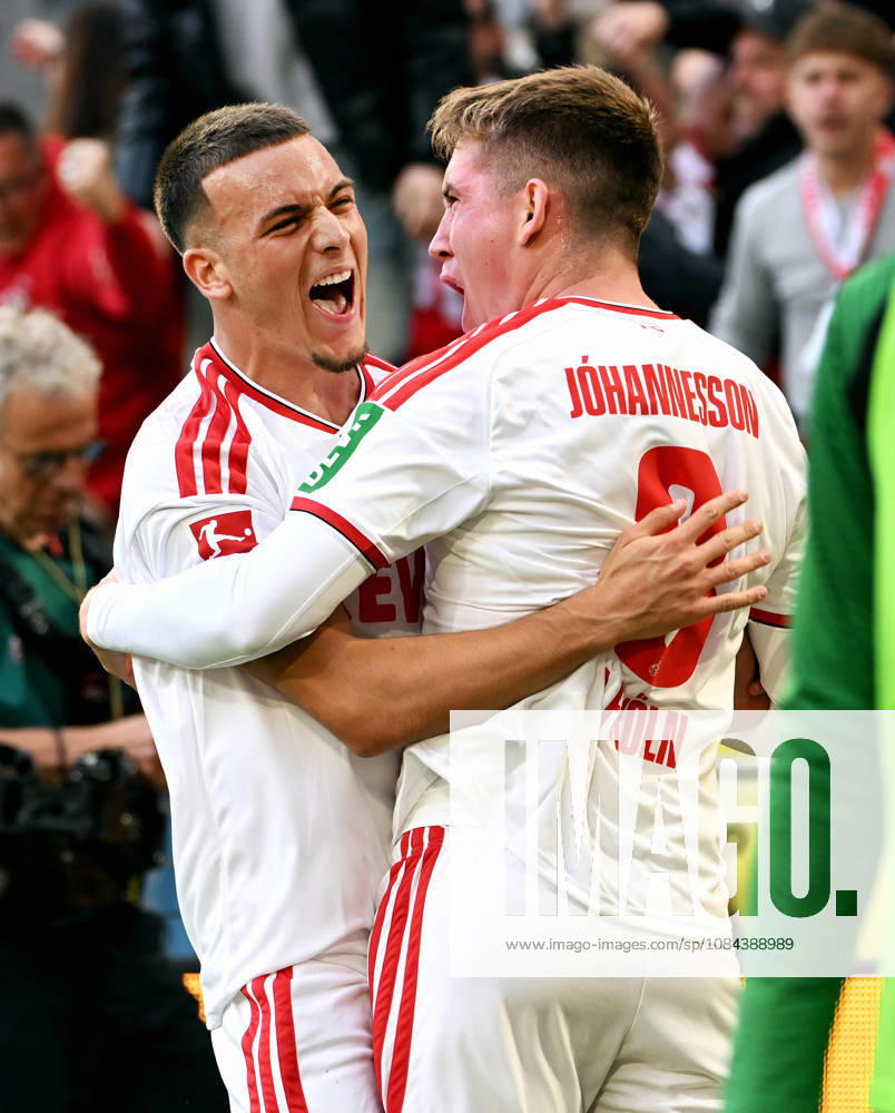 Cologne, Germany, 1. Bundesliga, Matchday 5, Rhein-Energie-Stadium Cologne, 1. FC Köln vs Bor. Mönchengladbach; Isak Johannesson (FC) celebrates after scoring, together with Said El Mala (FC). Celebration, Joy, Action.