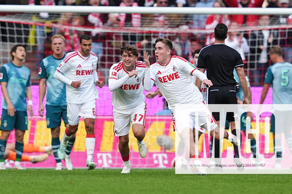 Herren, Fußball, 1.Bundesliga, 1.FC Köln - Borussia Mönchengladbach, Saison 2026 2027, RheinEnergieSTADION: Torjubel nach dem Tor zum 1:0 für den 1.FC Köln durch Torschütze Isak Johannesson (1.FC Köln, 8) zusammen mit Mikey Moore (1.FC Köln, 47 und Ellyes Skhiri (1.FC Köln, 6) DFB regulations prohibit any use of photographs as image sequences and or quasi-video.