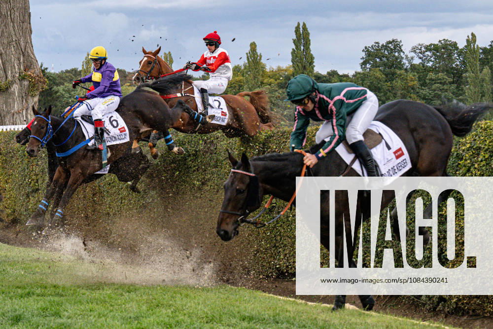 The 136th Grand Pardubice Steeplechase (6,900m), in Pardubice, Czech Republic, on October 11, 2026. The horses are crossing the Taxis Ditch. From left: Marcel Novak on Dumon Roclay, Jan Odlozil on Angkor Wat, and Jean-Stephane Lebrun on Hard Roc de Kerser clearing the Taxis Ditch. (CTKxPhoto DavidxTanecek) CTKPhotoP2026101104937 CTKPhotoP2026101104937
