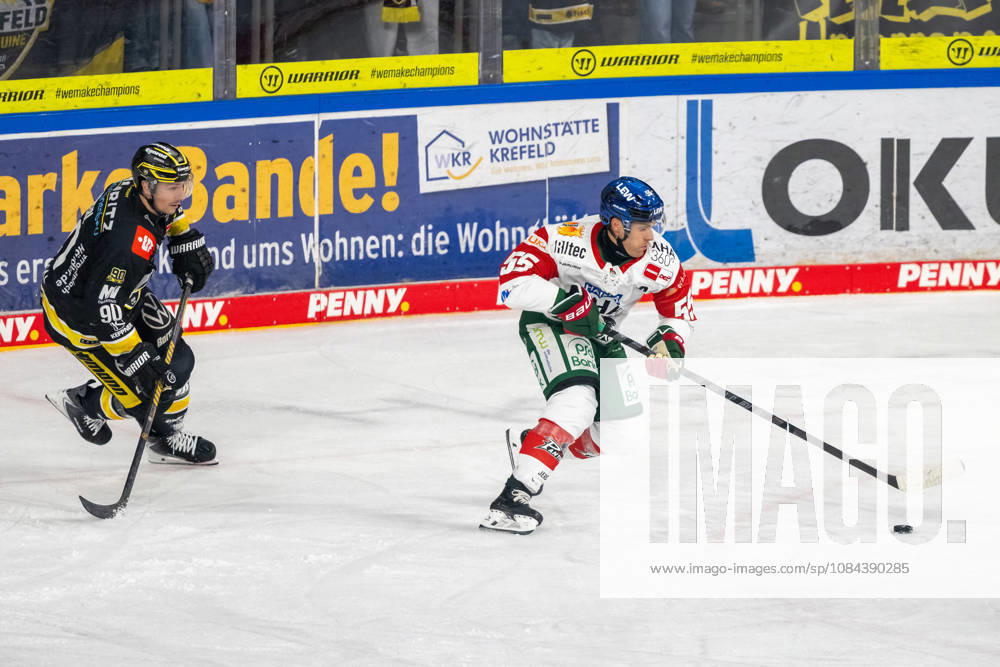 Adam Payerl (Krefeld Pinguine, 90) versucht in den Zweikampf mit Ryan Button (Augsburger Panther, 55) zu kommen. Krefeld Pinguine vs. Augsburger Panther, Eishockey, Penny DEL, 08. Spieltag, Saison 2026 2027, 11.10.2026 Krefeld Pinguine vs. Augsburger Panther, Eishockey, Penny DEL, 08. Spieltag, Saison 2026 2027, 11.10.2026 Krefeld