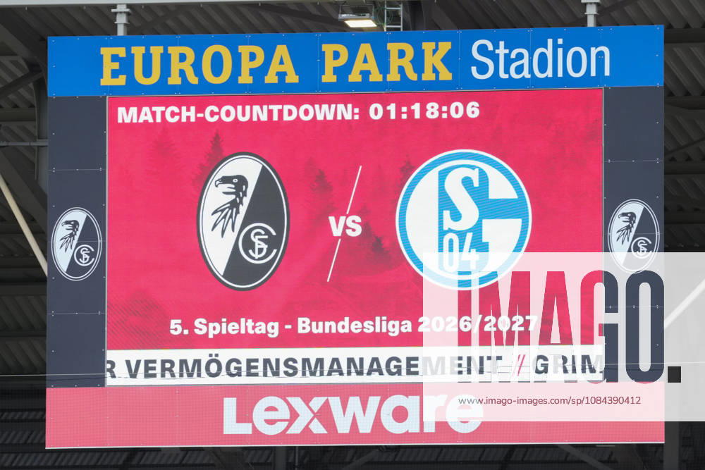 1. Bundesliga: SC Freiburg vs FC Schalke 04, 11.10.2026 Anzeigetafel mit Match-Countdown 1. Bundesliga: SC Freiburg vs FC Schalke 04, Europa-Park-Stadion, 11.10.2026 DFB DFL REGULATIONS PROHIBIT ANY USE OF PHOTOGRAPHS AS IMAGE SEQUENCES AND OR QUASI-VIDEO.