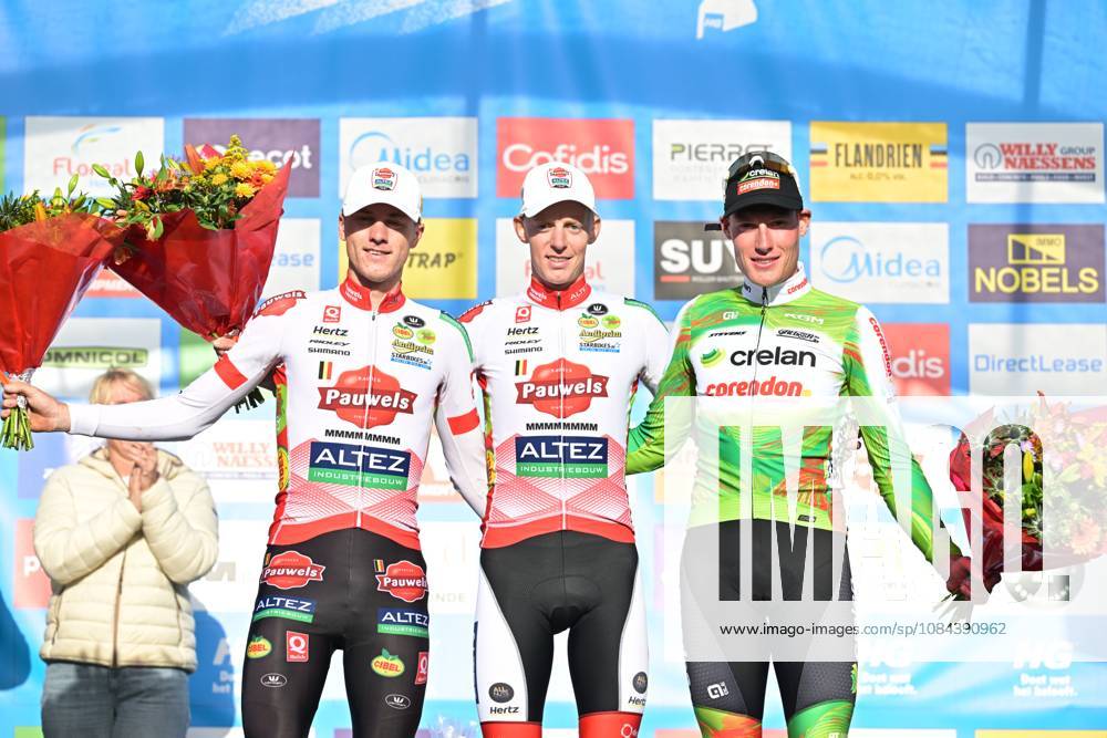L-R, second Belgium s Yordi Corsus; winner Belgium s Michael Vanthourenhout and third Belgium s Gerben Kuypers celebrate on the podium of the men elite race of the Mosselcross cyclocross cycling event, on Sunday 11 October 2026, in Dendermonde, the first race (out of 7) of the HG Cross competition. DAVIDxPINTENS x189456425x