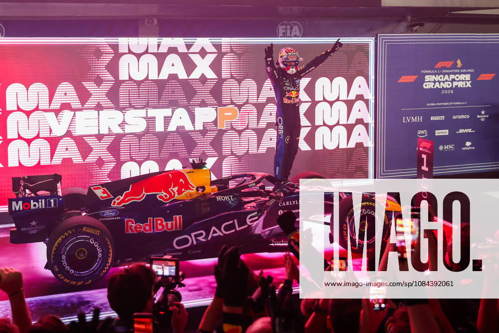 Max Verstappen wins 2026 Formula 1 Singapore Grand Prix SINGAPORE - OCT 11: Red Bull Racing driver Max Verstappen celebrates on the podium after winning the Formula 1 Singapore Grand Prix at the Marina Bay Street Circuit in Singapore on October 11, 2026. Daniel Ceng Anadolu Singapore Singapore. Editorial use only. Please get in touch for any other usage.