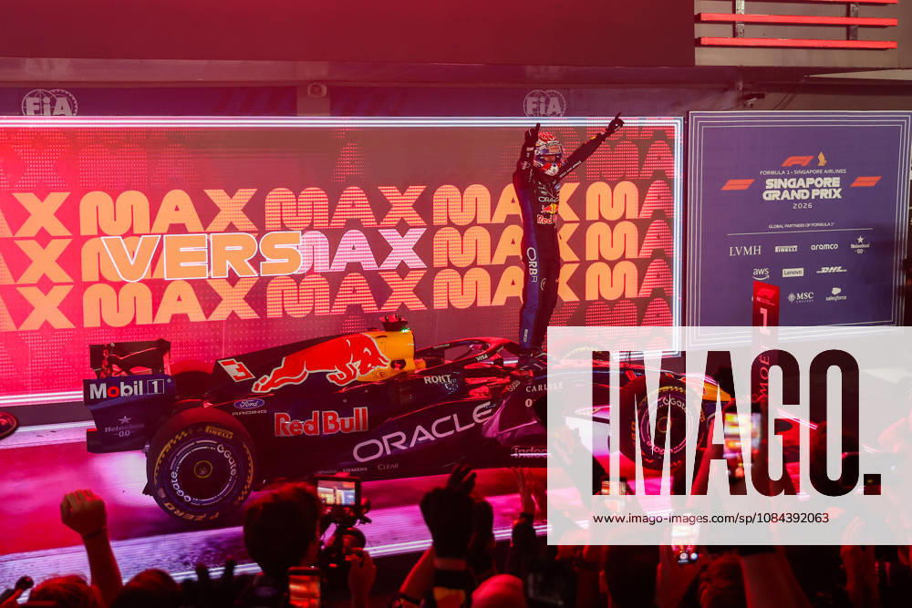 Max Verstappen wins 2026 Formula 1 Singapore Grand Prix SINGAPORE - OCT 11: Red Bull Racing driver Max Verstappen celebrates on the podium after winning the Formula 1 Singapore Grand Prix at the Marina Bay Street Circuit in Singapore on October 11, 2026. Daniel Ceng Anadolu Singapore Singapore. Editorial use only. Please get in touch for any other usage.