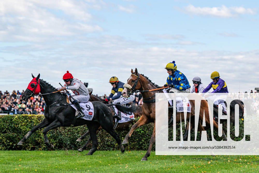 The 136th Grand Pardubice Steeplechase (6,900m), in Pardubice, Czech Republic, on October 11, 2026. From left: Jan Faltejsek on Godfrey, Keith Michael Donoghue on Final Orders, James Best on Greek Dessert, Lenka Neprasova on Sacamiro, and Marcel Novak on Dumon Roclay. (CTKxPhoto DavidxTanecek) CTKPhotoP2026101105161 CTKPhotoP2026101105161