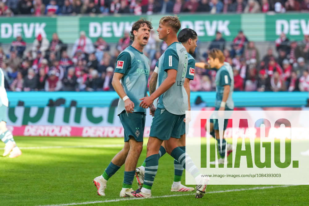 Herren, Fußball, 1.Bundesliga, 1.FC Köln - Borussia Mönchengladbach, Saison 2026 2027, RheinEnergieSTADION: Philipp Sander (Borussia Moenchengladbach, 16) und Jan Leszczynski (Borussia Moenchengladbach, 5) freuen sich über den vereitelten Konter DFB regulations prohibit any use of photographs as image sequences and or quasi-video.