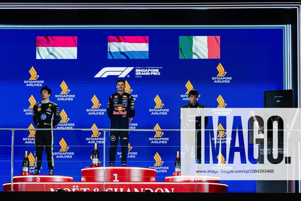 2026 Formula 1 Singapore Grand Prix - Podium MAX VERSTAPPEN (NED) of Oracle Red Bull Racing ANDREA KIMI ANTONELLI (ITA) of Mercedes-AMG PETRONAS Formula One Team CHARLES LECLERC (MON) of Scuderia Ferrari HP LV Trunk Podium on SUNDAY during the 2026 FORMULA 1 SINGAPORE AIRLINES SINGAPORE GRAND PRIX 2026 at MARINA BAY STREET CIRCUIT SINGAPORE on October 11, 2026. Photo by Tan Jun Da ABACAPRESS.COM Singapore Singapore