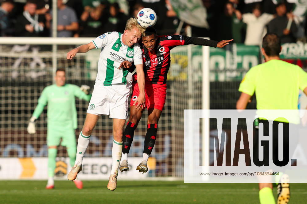 2026-10-11 Excelsior Rotterdam v FC Groningen - Dutch Eredivisie ROTTERDAM, NETHERLANDS - OCTOBER 11: Thijmen Blokzijl of FC Groningen wins the headed ball of David Garden of Excelsior Rotterdam during the Dutch Eredivisie match between Excelsior Rotterdam and FC Groningen at Stadion Woudestein on October 11, 2026 in Rotterdam, Netherlands. Rotterdam Stadion Woudestein Netherlands Content not available for redistribution in The Netherlands directly or indirectly through any third parties.