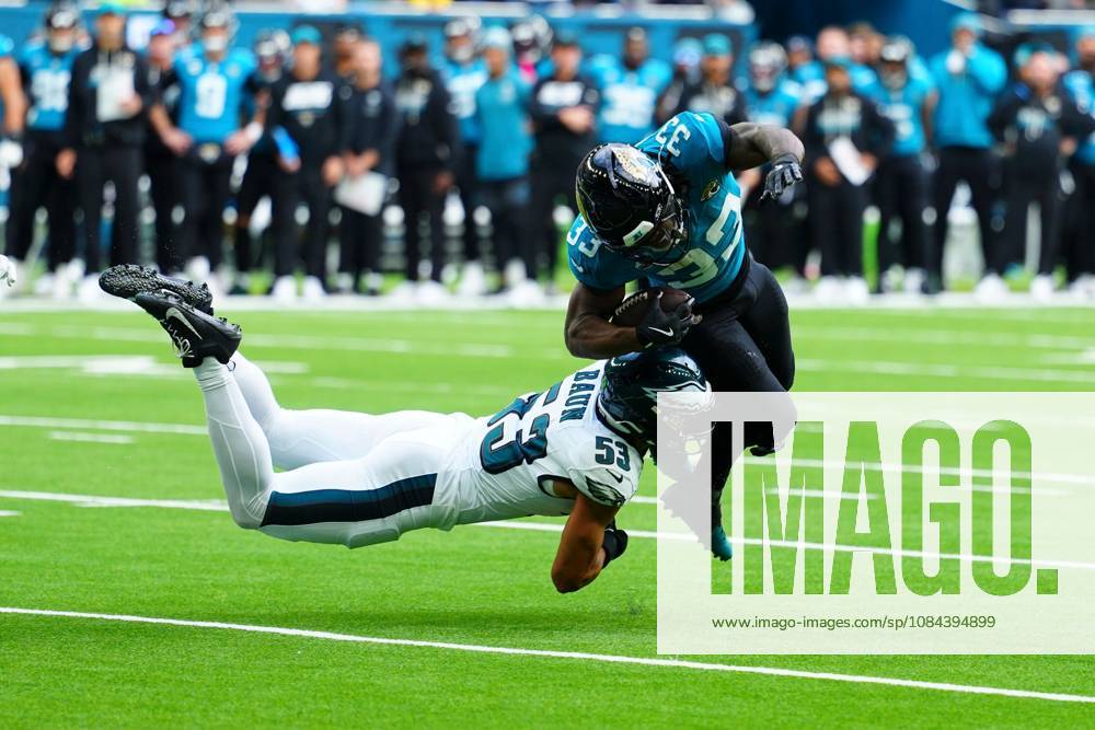 Zack Baun of Philadelphia Eagles with a touchdown saving tackle on Bhayshul Tuten of Jacksonville Jaguars just before half time Philadelphia Eagles v Jacksonville Jaguars, NFL, American Football Herren, USA American Football, Tottenham Hotspur Stadium, London, UK - 11 Oct 2026London Tottenham Hotspur Stadium United Kingdom