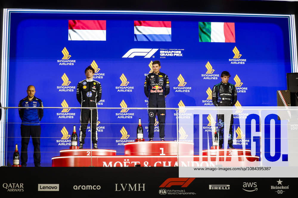 F1 - SINGAPORE GRAND PRIX 2026 LECLERC Charles (mco), Scuderia Ferrari SF-26, VERSTAPPEN Max (nld), Red Bull Racing Ford RB22, VERSTAPPEN Max (nld), Red Bull Racing Ford RB22, KIMI ANTONELLI Andrea (ita), Mercedes AMG F1 Team W16, portrait, podium during the 2026 Formula 1 Singapore Grand Prix, 17th round of the 2026 Formula One World Championship, WM, Weltmeisterschaft from October 9 to 11, 2026 on the Marina Bay Street Circuit, in Singapore, Singapore - SingaporeSingapore