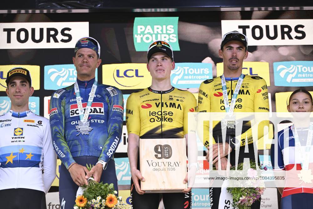 Paris Tours 2026 Cycling Race TOURS, FRANCE - OCTOBER 11 : Stuyven Jasper (BEL) of Soudal Quick-Step, Hagenes Per Strand (NOR) of Team Visma I Lease a Bike and Laporte Christophe (FRA) of Team Visma I Lease a Bike pictured during the podium ceremony of the 120th edition of Paris Tours an UCI ProSeries 1.Pro one day cycling road race for Men Elite of 216.2 km with start in Chartres and finish in Tours on October 11, 2026 in Tours, France, 11 10 2026 ( Motordriver Guy De Vuyst - Tours France