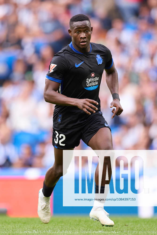 Bil Nsongo of RC Deportivo de A Coruna in action during the LaLiga EA Sports match between Real Sociedad and RC Deportivo de A Coruna at Anoeta on October 11, 2026, in San Sebastian, Spain. San Sebastian Spain - ZUMAa181 20261011_zaa_a181_112