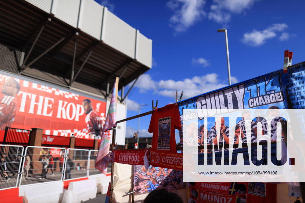 Liverpool v Manchester City 11th October 2026 - Premier League - Liverpool v Manchester City - Merchandise for sale branding Manchester City ˜Guilty and ˜Cheats in reference to their recent court convictions over financial rule breaches - Photo: Simon Stacpoole Offside. Liverpool UK