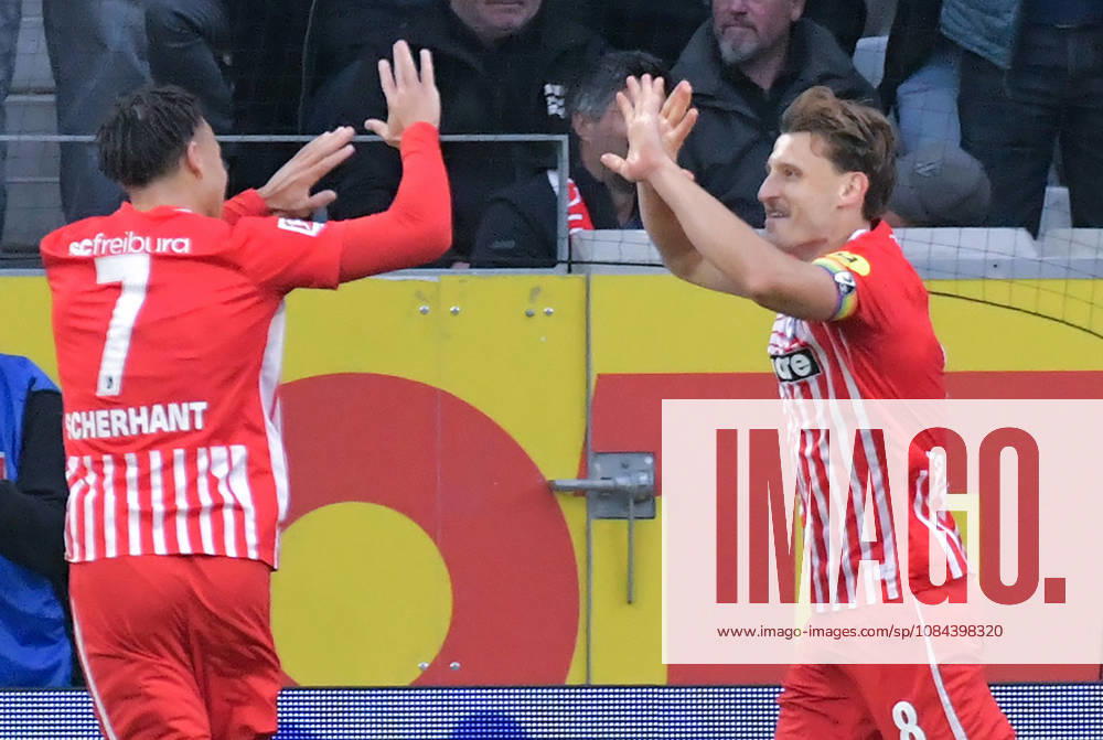 Fussball 1.Bundesliga, SC Freiburg - FC Schalke 04 v.l. Derry Scherhant (SC Freiburg), Maximilian Eggestein (SC Freiburg), Goal scored, Tor zum 1:0, celebrate the goal, Torjubel , Jubel, jubeln, jubelt, Freiburg