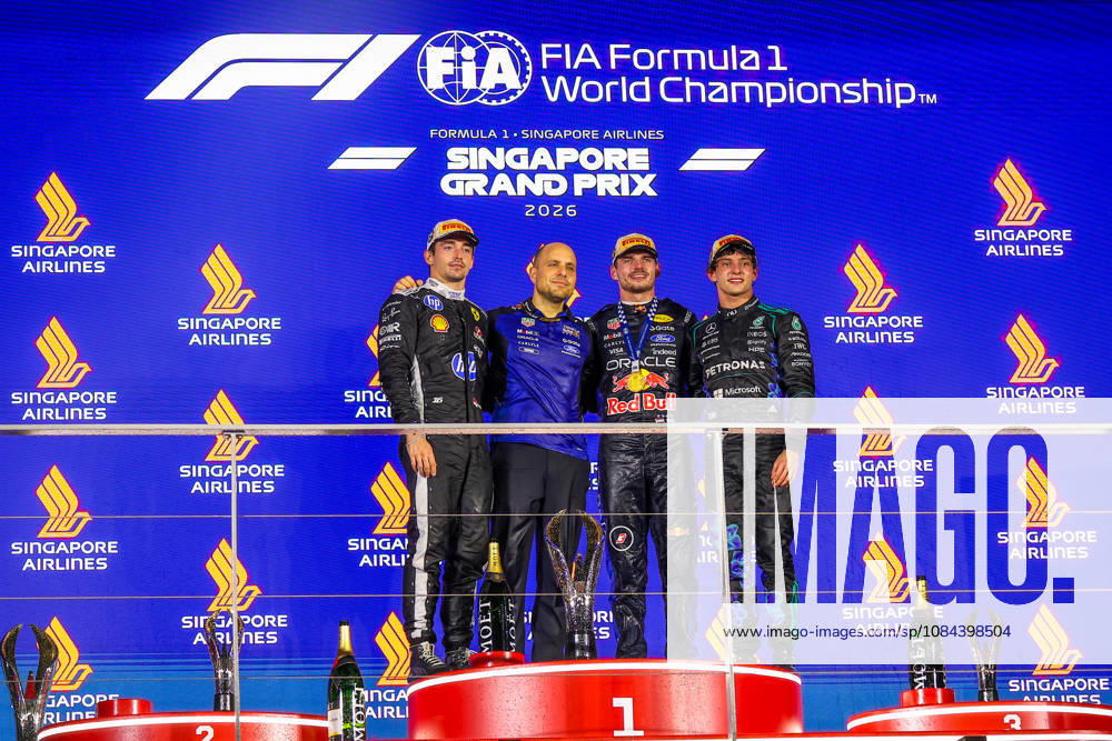 Max Verstappen wins 2026 Formula 1 Singapore Grand Prix SINGAPORE - OCT 11: Red Bull Racing driver Max Verstappen, Ferrari s Charles Leclerc and Mercedes’s Kimi Antonelli pose for photos on the podium, after winning the Formula 1 Singapore Grand Prix at the Marina Bay Street Circuit in Singapore on October 11, 2026. Daniel Ceng Anadolu Singapore Singapore. Editorial use only. Please get in touch for any other usage.