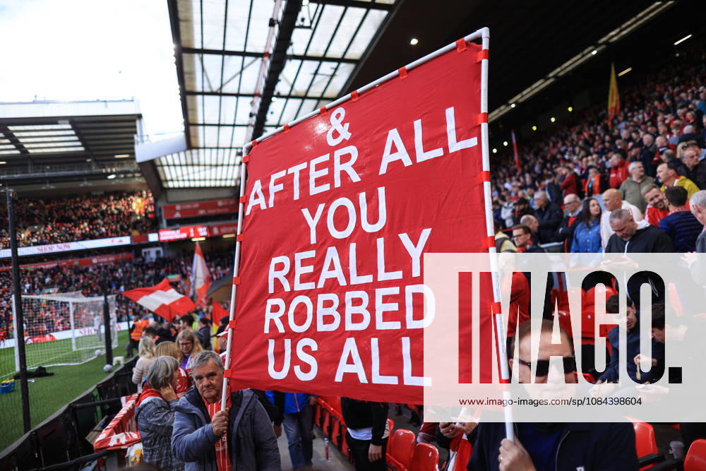 Liverpool v Manchester City 11th October 2026 - Premier League - Liverpool v Manchester City - Liverpool fans hold up banners commenting on the guilty Manchester City financial verdict - Photo: Simon Stacpoole Offside. Liverpool UK