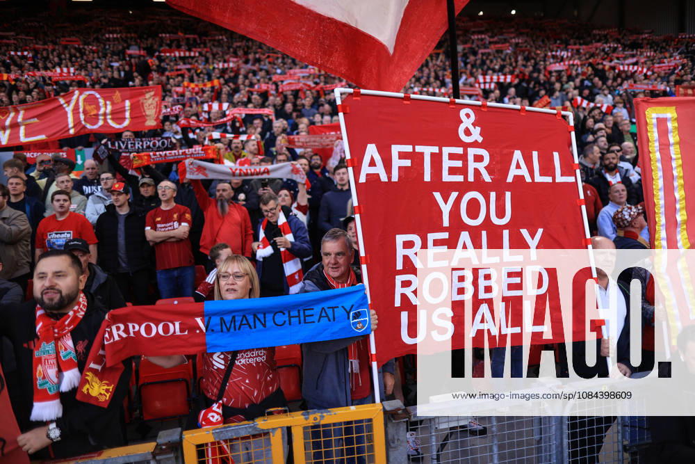 Liverpool v Manchester City 11th October 2026 - Premier League - Liverpool v Manchester City - Liverpool fans hold up banners commenting on the guilty Manchester City financial verdict - Photo: Simon Stacpoole Offside. Liverpool UK