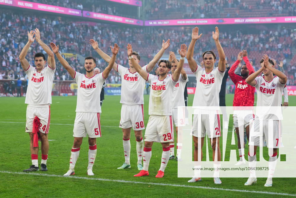 Herren, Fußball, 1.Bundesliga, 1.FC Köln - Borussia Mönchengladbach, Saison 2026 2027, RheinEnergieSTADION: Luka Lochoshvili (1.FC Köln, 24) Tom Krauß (1.FC Köln, 5) Marius Buelter (1.FC Köln, 30) Jan Thielmann (1.FC Köln, 29) Joel Schmied (1.FC Köln, 2) Luca Waldschmidt (1.FC Köln, 7) bejubeln den Sieg DFB regulations prohibit any use of photographs as image sequences and or quasi-video.