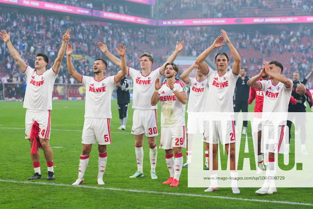Herren, Fußball, 1.Bundesliga, 1.FC Köln - Borussia Mönchengladbach, Saison 2026 2027, RheinEnergieSTADION: Luka Lochoshvili (1.FC Köln, 24) Tom Krauß (1.FC Köln, 5) Marius Buelter (1.FC Köln, 30) Jan Thielmann (1.FC Köln, 29) Joel Schmied (1.FC Köln, 2) Luca Waldschmidt (1.FC Köln, 7) bejubeln den Sieg DFB regulations prohibit any use of photographs as image sequences and or quasi-video.