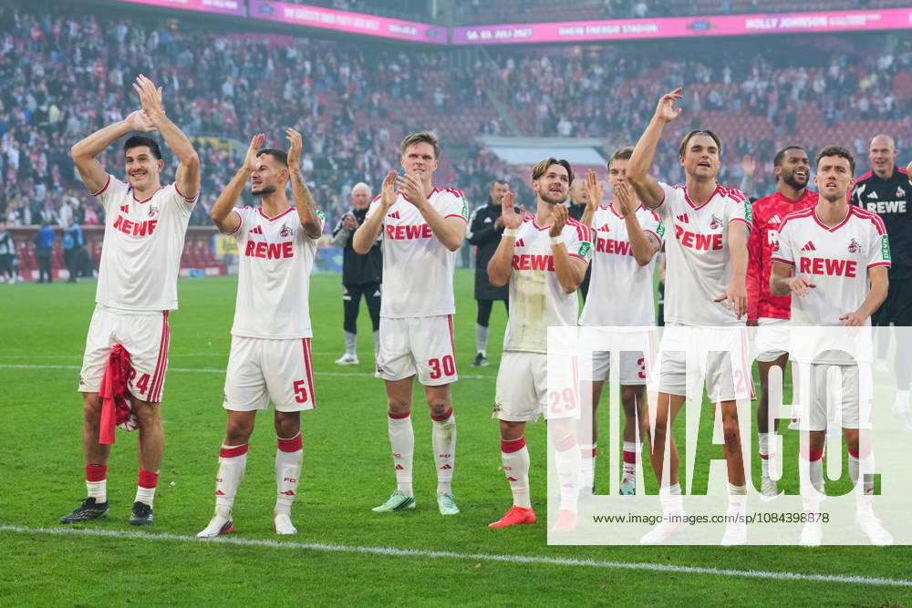 Herren, Fußball, 1.Bundesliga, 1.FC Köln - Borussia Mönchengladbach, Saison 2026 2027, RheinEnergieSTADION: Luka Lochoshvili (1.FC Köln, 24) Tom Krauß (1.FC Köln, 5) Marius Buelter (1.FC Köln, 30) Jan Thielmann (1.FC Köln, 29) Joel Schmied (1.FC Köln, 2) Luca Waldschmidt (1.FC Köln, 7) bejubeln den Sieg DFB regulations prohibit any use of photographs as image sequences and or quasi-video.