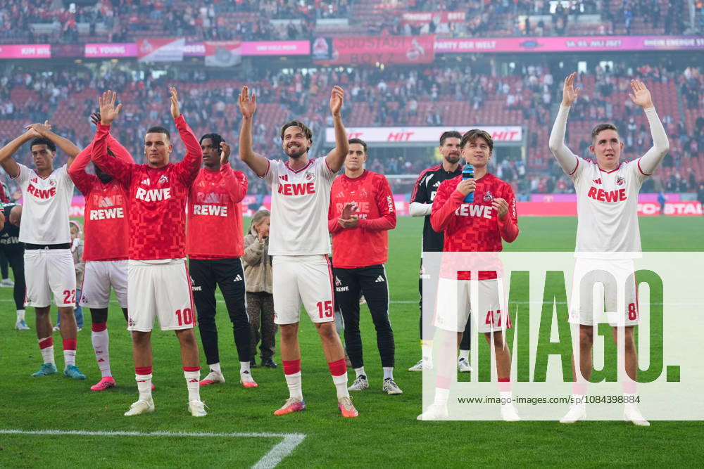 Herren, Fußball, 1.Bundesliga, 1.FC Köln - Borussia Mönchengladbach, Saison 2026 2027, RheinEnergieSTADION: Jahmai Simpson-Pusey (1.FC Köln, 22) Said El Mala (1.FC Köln, 10) Imad Rondic (1.FC Köln, 15) Mikey Moore (1.FC Köln, 47 Isak Johannesson (1.FC Köln, 8) bejubeln den Sieg DFB regulations prohibit any use of photographs as image sequences and or quasi-video.