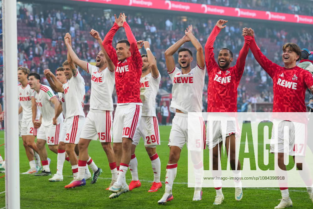 Herren, Fußball, 1.Bundesliga, 1.FC Köln - Borussia Mönchengladbach, Saison 2026 2027, RheinEnergieSTADION: Joel Schmied (1.FC Köln, 2) Luka Lochoshvili (1.FC Köln, 24) Borna Sosa (1.FC Köln, 3) Said El Mala (1.FC Köln, 10) Jan Thielmann (1.FC Köln, 29) Tom Krauß (1.FC Köln, 5) Mikey Moore (1.FC Köln, 47) bejubeln den Sieg DFB regulations prohibit any use of photographs as image sequences and or quasi-video.