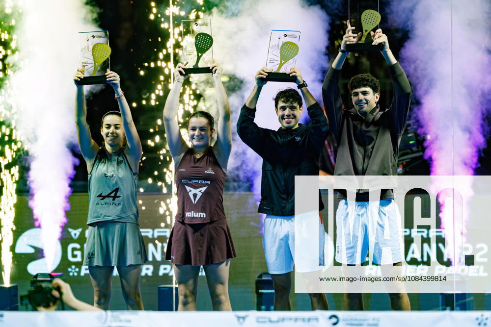 DÜSSELDORF, GERMANY - 11 OCTOBER 2026: Image shows award ceremony of CUPRA Germany Premier Padel P2 2026 Winners Arturo Coello (ESP), Agustin Tapia (ARG), Martina Calvo (ESP) and Claudia Fernandez Sanchez (ESP) during CUPRA Germany Premier Padel P2 2026 Day 8: Finals at CASTELLO Düsseldorf on 11 10 2026 in Düsseldorf, Germany. Germany