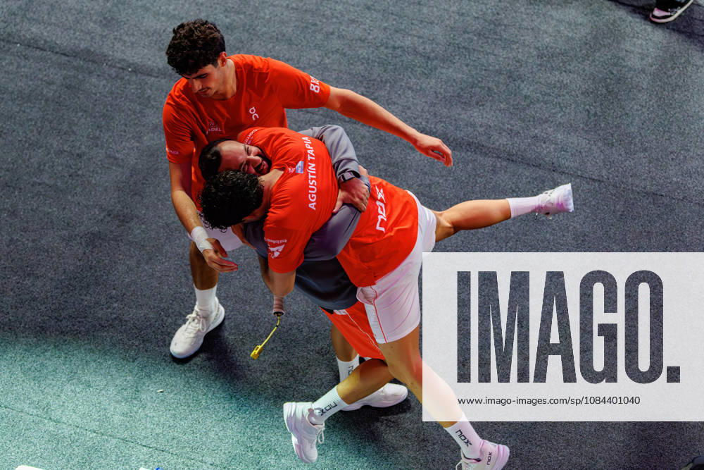 DÜSSELDORF, GERMANY - 11 OCTOBER 2026: Image shows the victory celebration of Arturo Coello (ESP) and Agustin Tapia (ARG) with Coach Martin Canali during CUPRA Germany Premier Padel P2 2026 Day 8: Finals at CASTELLO Düsseldorf on 11 10 2026 in Düsseldorf, Germany. Germany