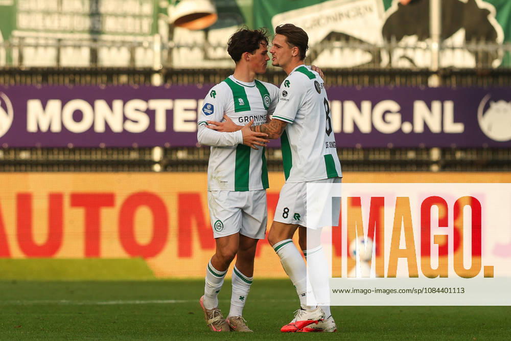 2026-10-11 Excelsior Rotterdam v FC Groningen - Dutch Eredivisie ROTTERDAM, NETHERLANDS - OCTOBER 11: Thom van Bergen of FC Groningen, Tika de Jonge of FC Groningen celebrates after scoring the third goal of the team during the Dutch Eredivisie match between Excelsior Rotterdam and FC Groningen at Stadion Woudestein on October 11, 2026 in Rotterdam, Netherlands. Rotterdam Stadion Woudestein Netherlands Content not available for redistribution in The Netherlands directly or indirectly through any third parties.