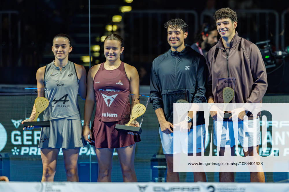 DÜSSELDORF, GERMANY - 11 OCTOBER 2026: Image shows the victory celebration of Arturo Coello (ESP) and Agustin Tapia (ARG), Martina Calvo (ESP) and Claudia Fernandez Sanchez (ESP) during CUPRA Germany Premier Padel P2 2026 Day 8: Finals at CASTELLO Düsseldorf on 11 10 2026 in Düsseldorf, Germany. Germany