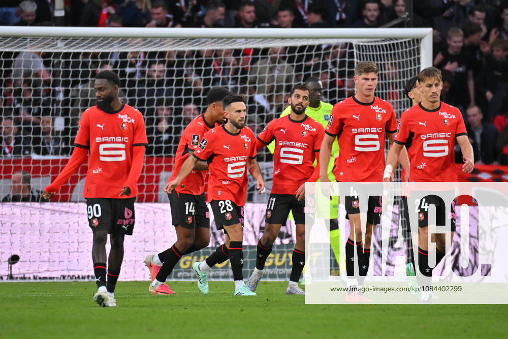 Stade Rennais FC v AJ Auxerre - Ligue 1 McDonald s 2026 2027 Adrien THOMASSON of Stade Rennais , Mousa Al-TAMARI of Stade Rennais FC , Charlie CRESSWELL of Stade Rennais and Anthony ROUAULT of Stade Rennais FC celebrate after scores during Ligue 1 McDonald s match between Rennes and Auxerre at Roazhon Park on October 11, 2026 in Rennes, France. Rennes France