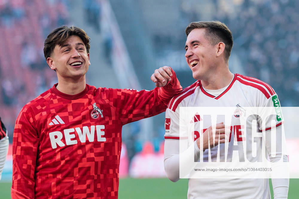 Mikey Moore (1. FC Koeln, 47) and Isak Johannesson (1. FC Koeln, 8) celebrate the derby win with the fans after the Bundesliga match between 1. FC Koeln vs. Borussia Moenchengladbach at Rheinenergie-Stadion on matchday 5 of the 1. Bundesliga on October 11, 2026 in Koeln, Germany. DFL REGULATIONS PROHIBIT ANY USE OF PHOTOGRAPHS AS IMAGE SEQUENCES AND OR QUASI-VIDEO. North Rhine Westphalia Germany