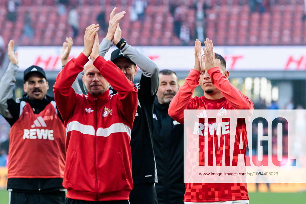 Rene Wagner (Head Coach 1. FC Koeln) and Said El Mala (1. FC Koeln, 10) celebrate the derby win with the fans after the Bundesliga match between 1. FC Koeln vs. Borussia Moenchengladbach at Rheinenergie-Stadion on matchday 5 of the 1. Bundesliga on October 11, 2026 in Koeln, Germany. DFL REGULATIONS PROHIBIT ANY USE OF PHOTOGRAPHS AS IMAGE SEQUENCES AND OR QUASI-VIDEO. North Rhine Westphalia Germany