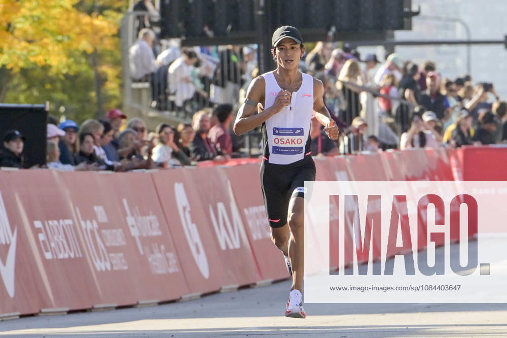 Suguru Osako of Japan crosses the finish line with a time of 02:07:34 placing 14th over all during 2026 Bank of America Chicago Marathon in Chicago on Sunday, Oct. 11, 2026. CHI20261011105 MARKxBLACK