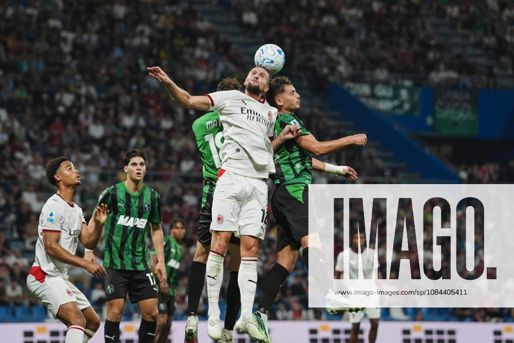 Milan s Adrien Rabiot fights for the ball with Sassuolos Nemanja Matic and Sassuolos Sebastiano Esposito during the Serie A soccer match between Sassuolo and Milan at the Mapei Stadium in Reggio Emilia, north Italy - Sunday, October 11, 2026 -