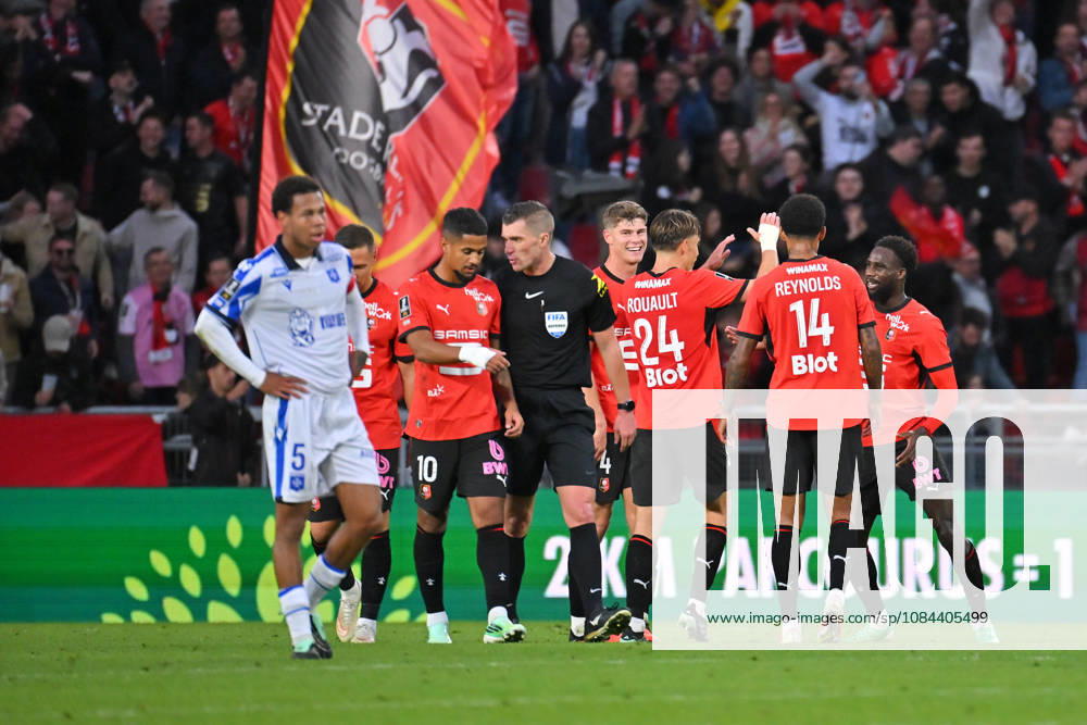 Stade Rennais FC v AJ Auxerre - Ligue 1 McDonald s 2026 2027 Willy DELAJOD referee , Ludovic BLAS of Stade Rennais FC , Boulaye DIA of Rennes celebrate after scores with team during Ligue 1 McDonald s match between Rennes and Auxerre at Roazhon Park on October 11, 2026 in Rennes, France. Rennes France