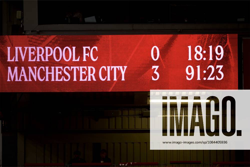 Football - FA Premier League - Liverpool FC v Manchester City FC LIVERPOOL, ENGLAND - Sunday, October 11, 2026: Scoreboard at 90 minutes during the FA Premier League match between Liverpool FC and Manchester City FC at Anfield. (Photo by David Rawcliffe Propaganda) LIVERPOOL Anfield MERSEYSIDE ENGLAND
