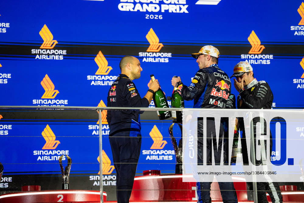 2026 Formula 1 Singapore Grand Prix - Podium MAX VERSTAPPEN 1 (NED) of Oracle Red Bull Racing (Red Bull Racing RB22) GIANPIERO LAMBIASE (ITA) Race Engineer for Oracle Red Bull Racing (Red Bull Racing RB22) CHARLES LECLERC 16 (MON) of Scuderia Ferrari HP (Ferrari SF-26) and ANDREA KIMI ANTONELLI 12 (ITA) of Mercedes-AMG PETRONAS Formula One Team (Mercedes-AMG F1 W17) celebrating on the podium on Sunday Race Day during the Formula 1 Singapore Airlines Singapore Grand Prix 2026 at Marina Bay Street Circuit, Singapore, on October 11, 2026. Photo by Antoine Lapeyre Reveries Agency via ABACAPRESS.COM Singapore Singapore