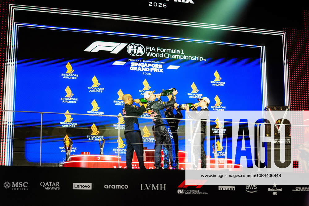 2026 Formula 1 Singapore Grand Prix - Podium MAX VERSTAPPEN 1 (NED) of Oracle Red Bull Racing (Red Bull Racing RB22) GIANPIERO LAMBIASE (ITA) Race Engineer for Oracle Red Bull Racing (Red Bull Racing RB22) CHARLES LECLERC 16 (MON) of Scuderia Ferrari HP (Ferrari SF-26) and ANDREA KIMI ANTONELLI 12 (ITA) of Mercedes-AMG PETRONAS Formula One Team (Mercedes-AMG F1 W17) celebrating on the podium on Sunday Race Day during the Formula 1 Singapore Airlines Singapore Grand Prix 2026 at Marina Bay Street Circuit, Singapore, on October 11, 2026. Photo by Antoine Lapeyre Reveries Agency via ABACAPRESS.COM Singapore Singapore