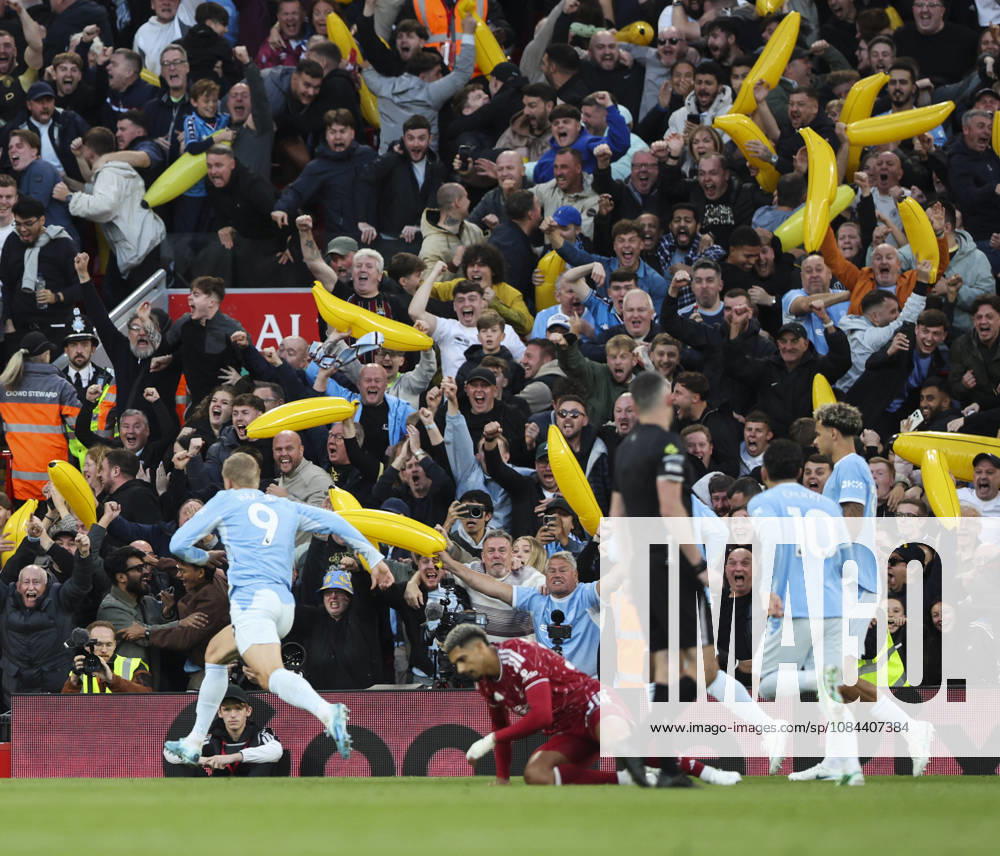 Liverpool v Manchester City, FA Premier League 11.10.26&xA;Liverpool v Manchester City, FA Premier League&xA;Bradley Ormesher The Times&xA;Man City Fans celebrate Erling Haaland of Manchester City scoring his teams 1st goal