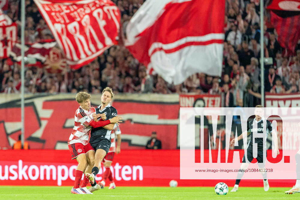 Elias Arden (Fortuna Düsseldorf, 38) und Nick Seidel (SC Verl, 05) prallen zusammen Fortuna Duesseldorf vs. SC Verl, Fussball, 3.Liga, 8.Spieltag, Saison 2026 27, 12.10.2026, DFL REGULATIONS PROHIBIT ANY USE OF PHOTOGRAPHS AS IMAGE SEQUENCES AND OR QUASI-VIDEO, Fortuna Duesseldorf vs. SC Verl, Fussball, 3.Liga, 8.Spieltag, Saison 2026 27, 12.10.2026 Düsseldorf