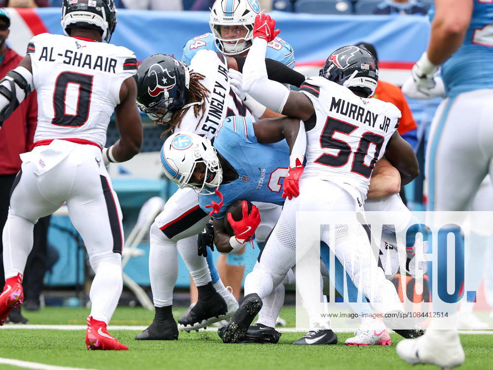 Oct 11, 2026; Nashville, TN, USA; Tennessee Titans running back Tyjae Spears (2) is stopped on third down by Houston Texans defensive end Solomon Byrd (50) and Houston Texans cornerback Derek Stingley Jr. (24) during the NFL, American Football Herren, USA regular season game between the Houston Texans and Tennessee Titans at Nissan Stadium. Mandatory Credit: -Cal Media NFL 2026: Texans Vs Titans OCT 11 - ZUMAc04_ 20261011_zma_c04_052