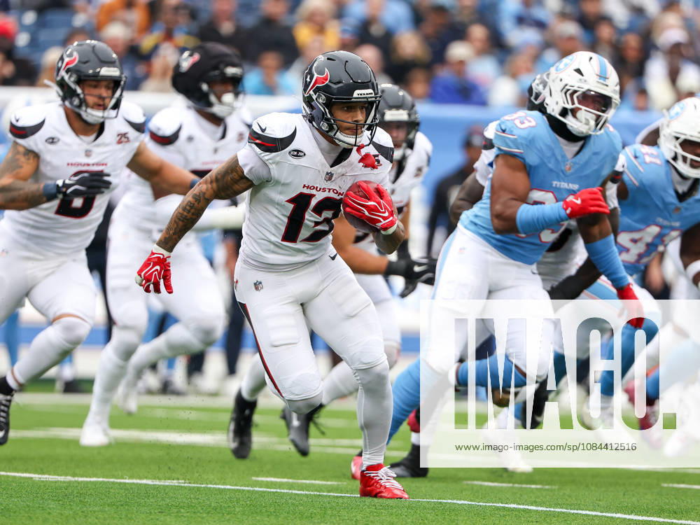 Oct 11, 2026; Nashville, TN, USA; Houston Texans wide receiver Jaylin Noel (13) runs with the ball during the NFL, American Football Herren, USA regular season game between the Houston Texans and Tennessee Titans at Nissan Stadium. Mandatory Credit: -Cal Media NFL 2026: Texans Vs Titans OCT 11 - ZUMAc04_ 20261011_zma_c04_053