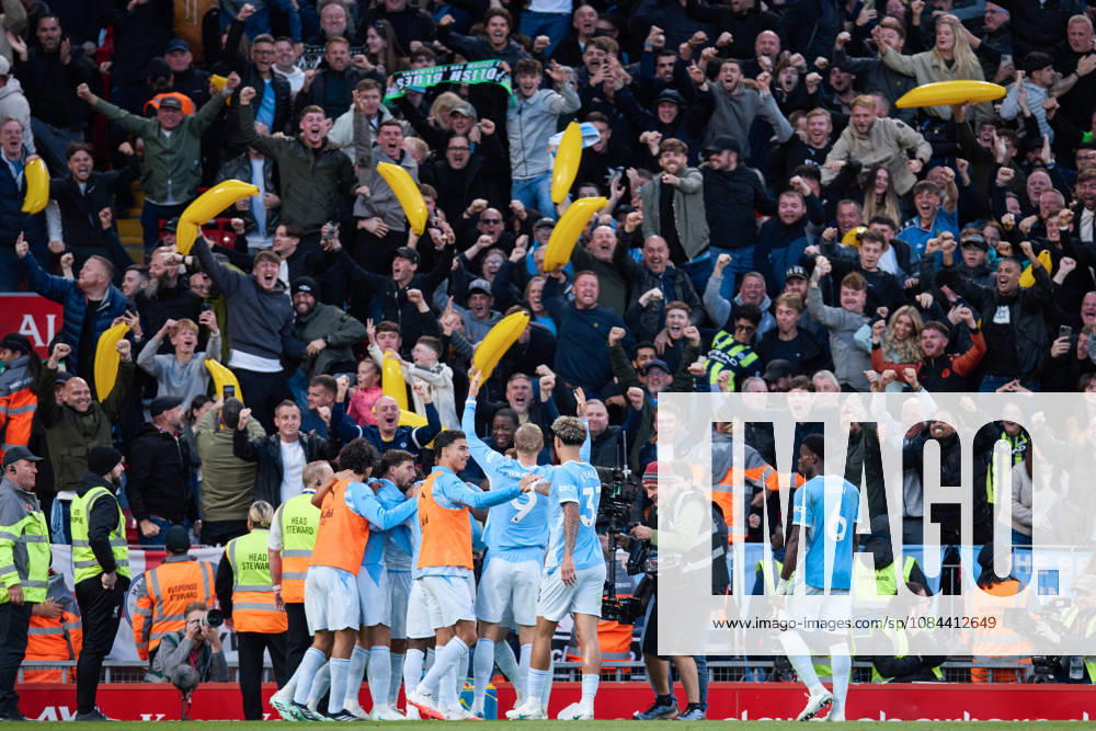 Erling Haaland of Manchester City celebrates after scoring the team s first goal with teammates during the Premier League 2026 27 football match between Liverpool FC and Manchester City at Anfield on October 11, 2026 in Liverpool, England. (Photo by Koby Abbott Sports Press Photo)