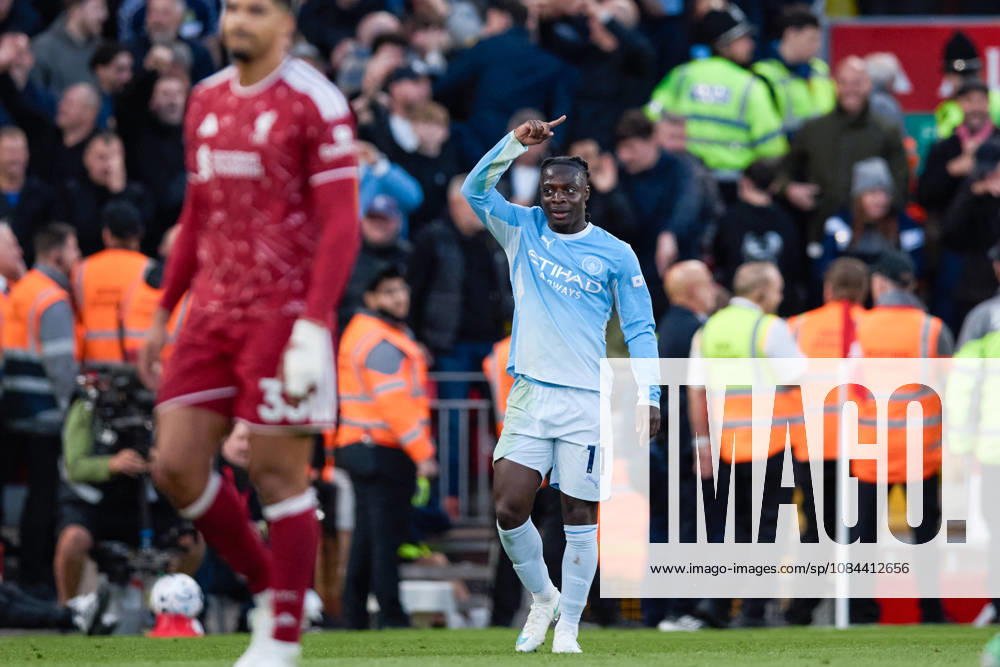 Jeremy Doku of Manchester City celebrates after scoring the team s second goal during the Premier League 2026 27 football match between Liverpool FC and Manchester City at Anfield on October 11, 2026 in Liverpool, England. (Photo by Koby Abbott Sports Press Photo)