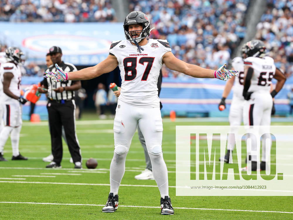 NFL, American Football Herren, USA 2026: Texans Vs Titans OCT 11 Oct 11, 2026; Nashville, TN, USA; Houston Texans tight end Foster Moreau (87) yells at the referees asking about a call that was not made during the NFL regular season game between the Houston Texans and Tennessee Titans at Nissan Stadium. Mandatory Credit: Stephen Furst-Cal Media (Credit Image: Â Stephen Furst Cal Sport Media) Nashville Tn USA