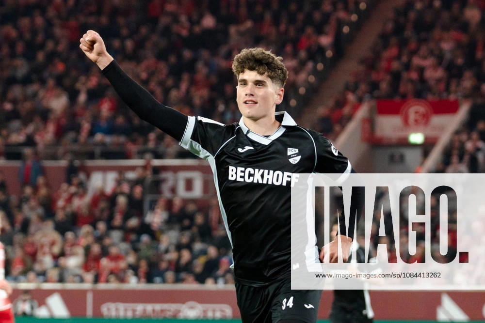 Deutschland: 3. Liga 2026 2027 Fortuna Düsseldorf vs. SC Verl 8. Spieltag 12.10.2026 Merkur Spiel-Arena (Nordrhein-Westfalen) Tor zum 2:2 durch Janne Berner (SC Verl, 34) Jubel Freude Emotionen Torjubel